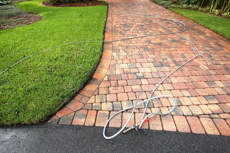 Curving block-paved garden path with a hose laid beside it