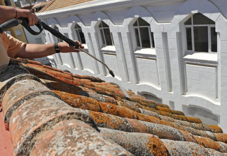Roof cleaning wand working along curved tiles