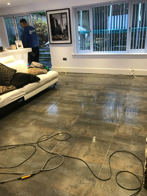 Tile flooring before being cleaned