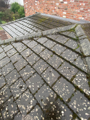 Dirty roof tiles before being cleaned