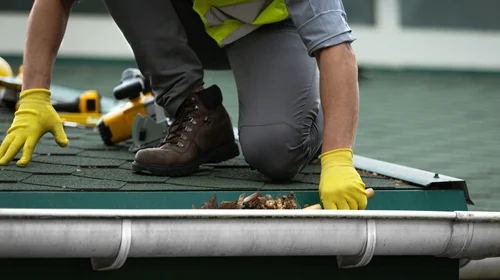 Worker removing moss near a roof gutter