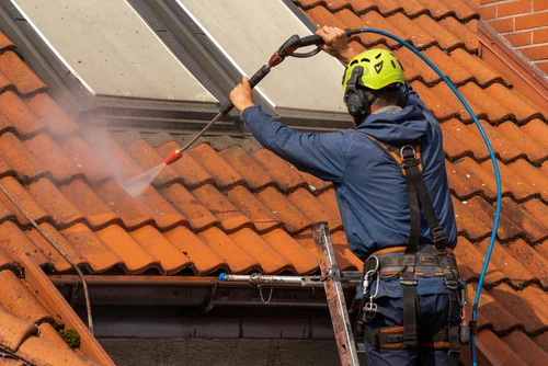 Roof cleaning worker wearing a safety harness