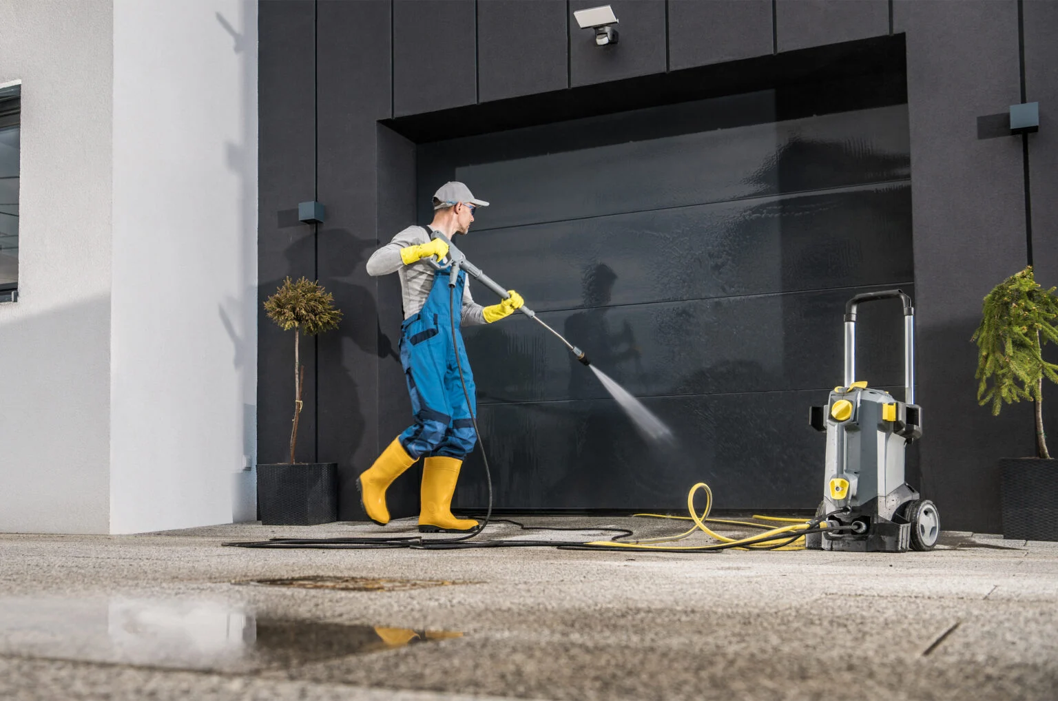 Worker pressure washing the paved area outside a commercial building