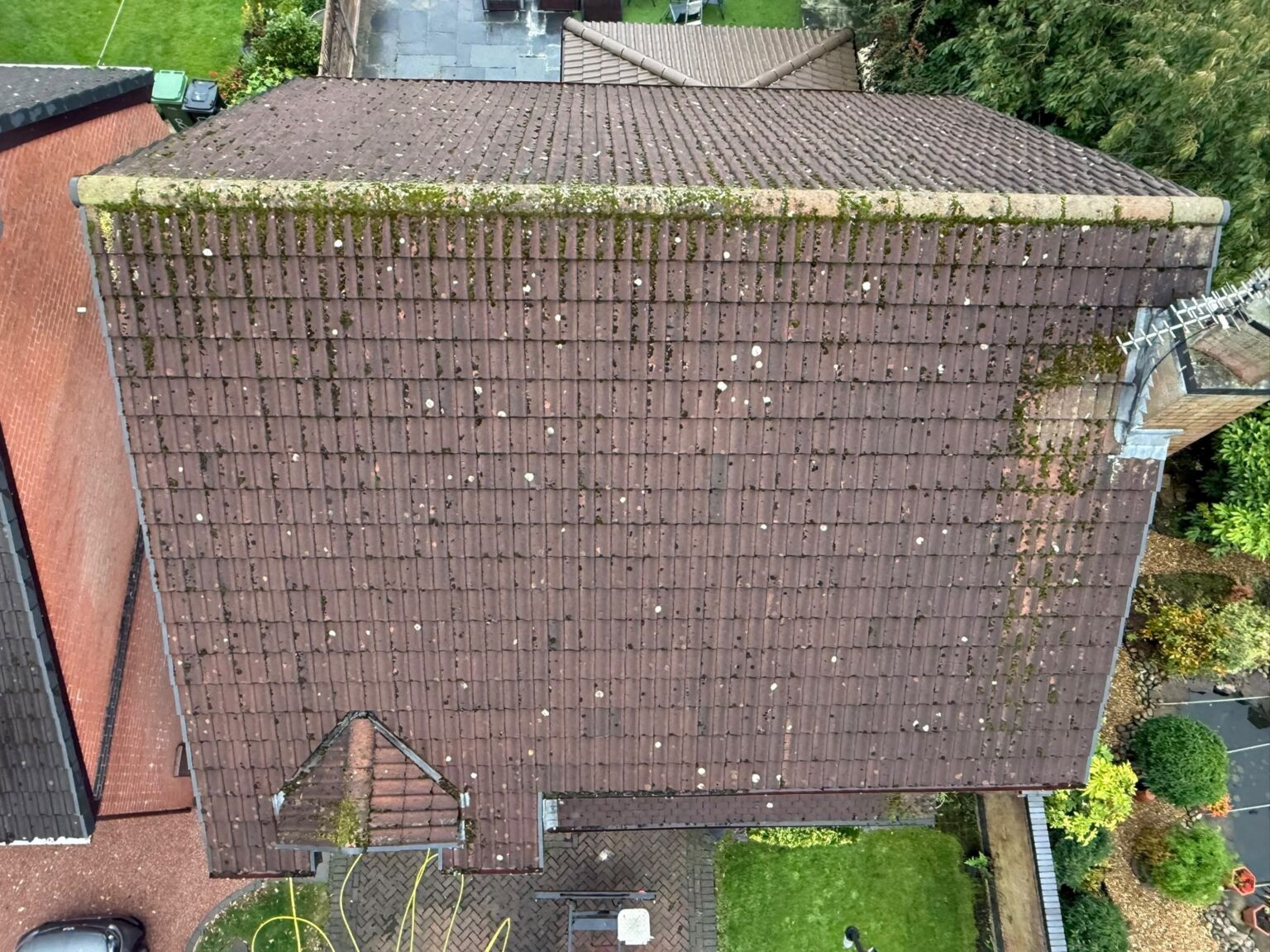 Moss and staining on the Rixton roof before cleaning